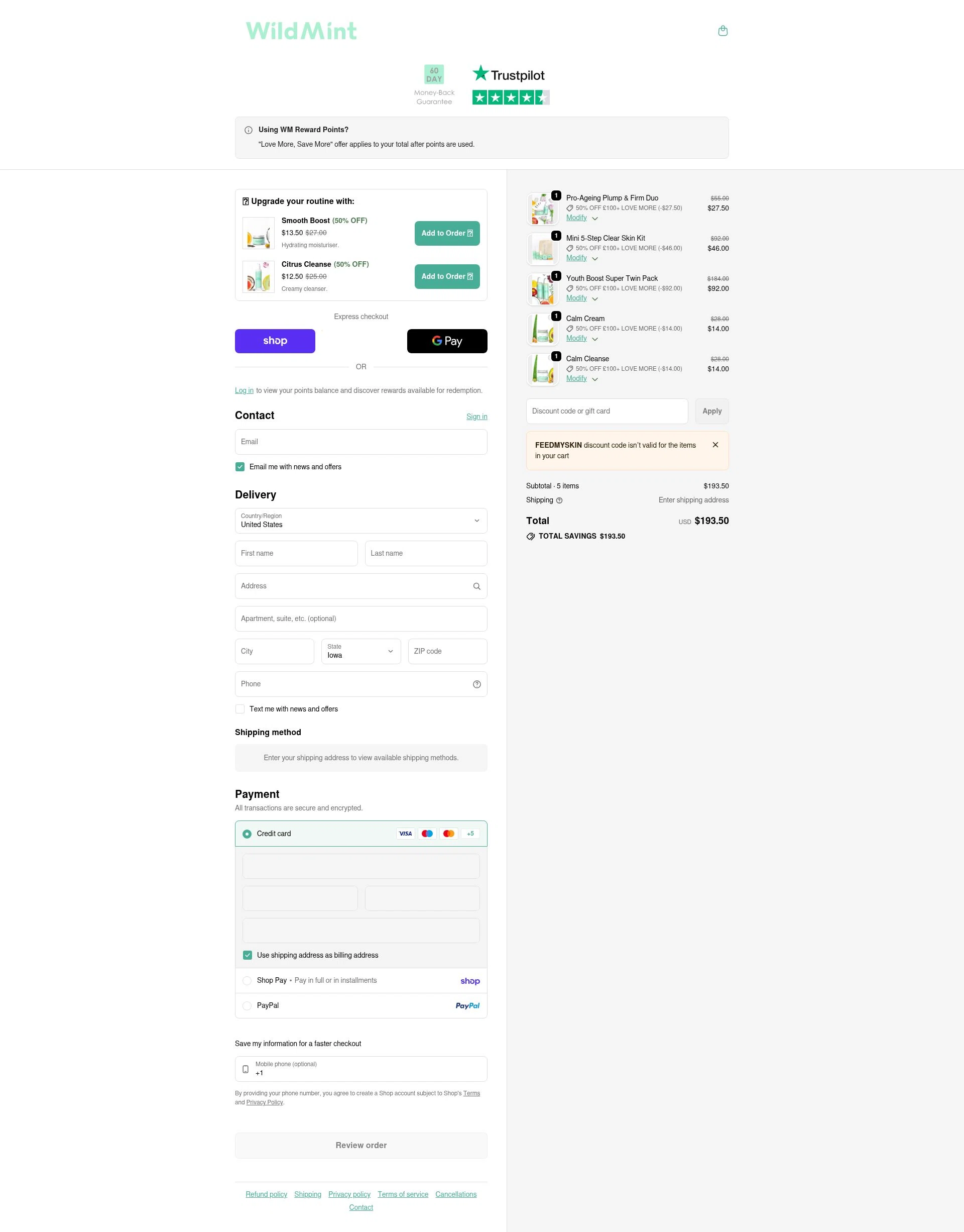 Wild Mint Cosmetics checkout page showing Wild Mint Cosmetics discount code box | Screenshot taken by SimplyCodes community member on Feb 9, 2026
