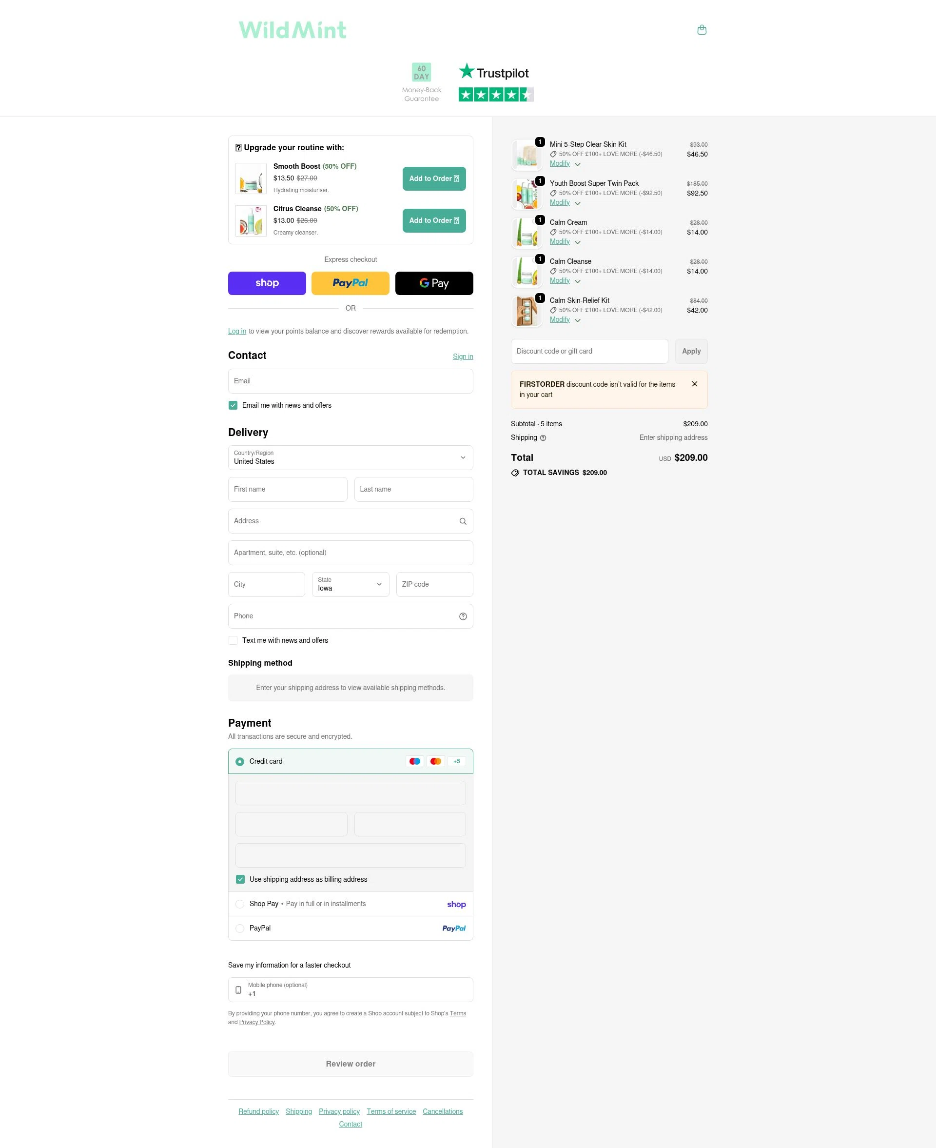 Wild Mint Cosmetics checkout page showing Wild Mint Cosmetics discount code box | Screenshot taken by SimplyCodes community member on Jan 31, 2026