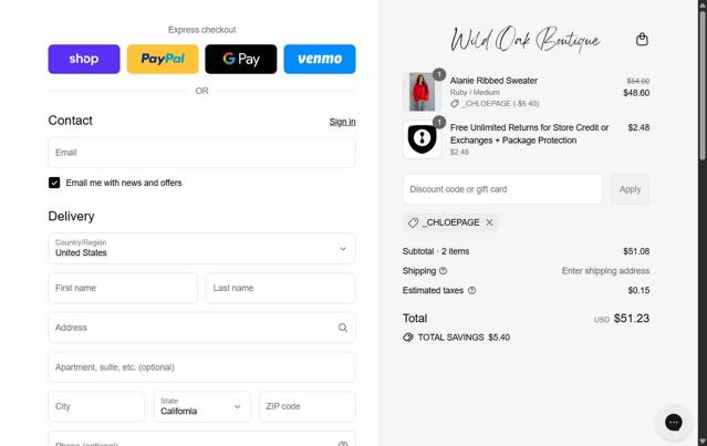 Wild Oak Boutique checkout page showing Wild Oak Boutique discount code box | Screenshot taken by SimplyCodes community member on Sep 11, 2025