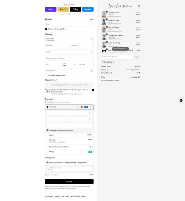 Wild Oak Boutique checkout page showing Wild Oak Boutique discount code box | Screenshot taken by SimplyCodes community member on Sep 10, 2025