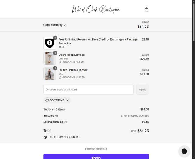 Wild Oak Boutique checkout page showing Wild Oak Boutique discount code box | Screenshot taken by SimplyCodes community member on Sep 12, 2025