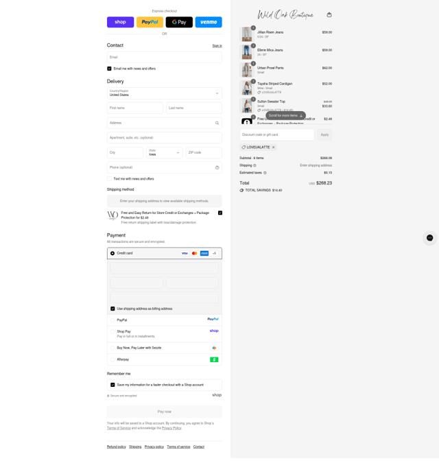 Wild Oak Boutique checkout page showing Wild Oak Boutique discount code box | Screenshot taken by SimplyCodes community member on Sep 10, 2025