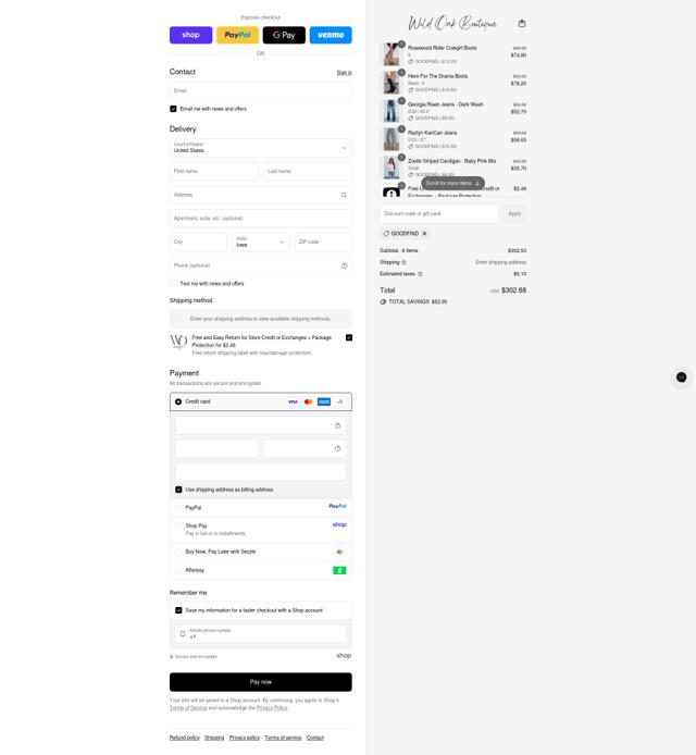 Wild Oak Boutique checkout page showing Wild Oak Boutique discount code box | Screenshot taken by SimplyCodes community member on Sep 14, 2025