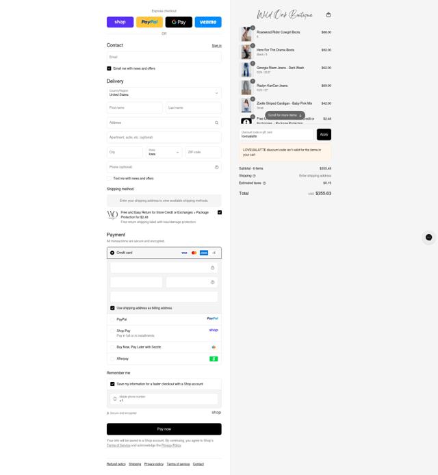 Wild Oak Boutique checkout page showing Wild Oak Boutique discount code box | Screenshot taken by SimplyCodes community member on Sep 14, 2025