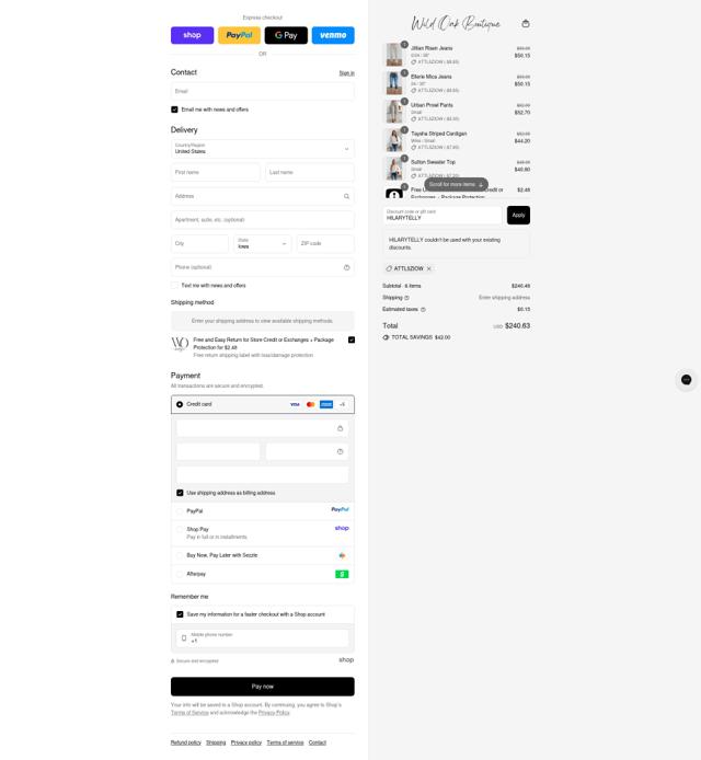 Wild Oak Boutique checkout page showing Wild Oak Boutique discount code box | Screenshot taken by SimplyCodes community member on Sep 10, 2025