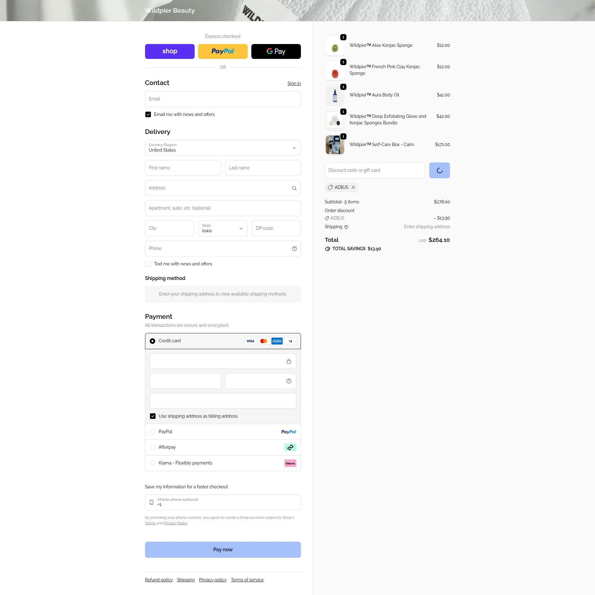 Wildpier Beauty checkout page showing Wildpier Beauty promo code box | Screenshot taken by SimplyCodes community member on Feb 11, 2026