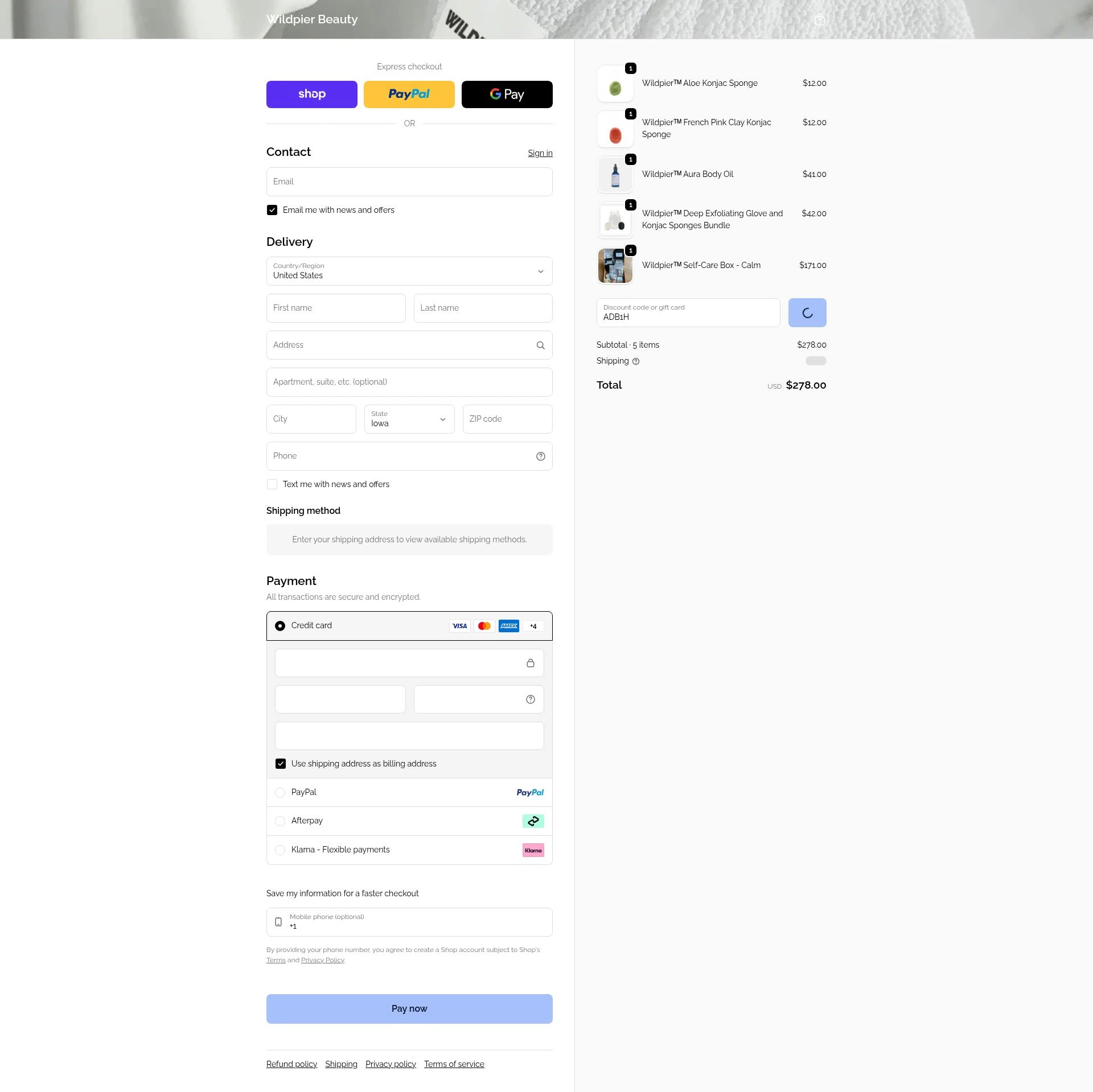 Wildpier Beauty checkout page showing Wildpier Beauty promo code box | Screenshot taken by SimplyCodes community member on Feb 11, 2026