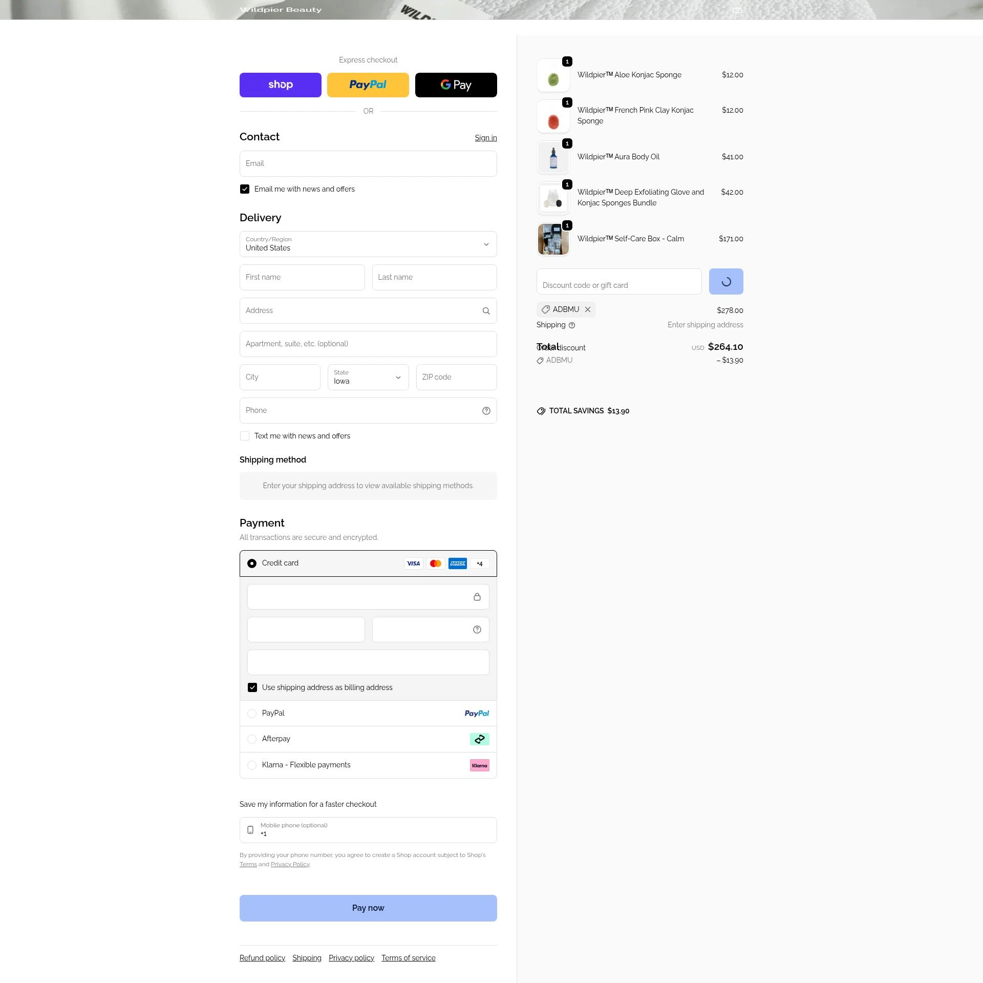 Wildpier Beauty checkout page showing Wildpier Beauty promo code box | Screenshot taken by SimplyCodes community member on Feb 11, 2026