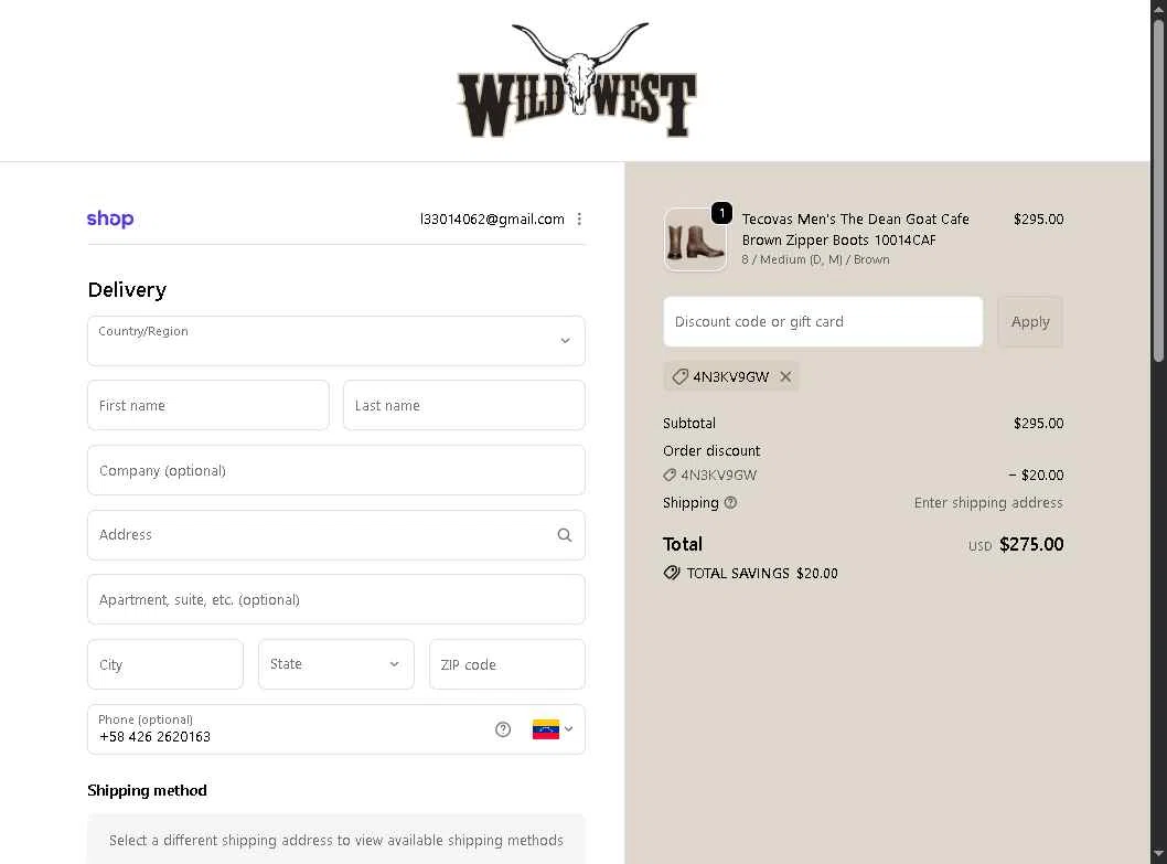 Wild West Boot Store checkout page showing Wild West Boot Store discount code box | Screenshot taken by SimplyCodes community member on Feb 11, 2026