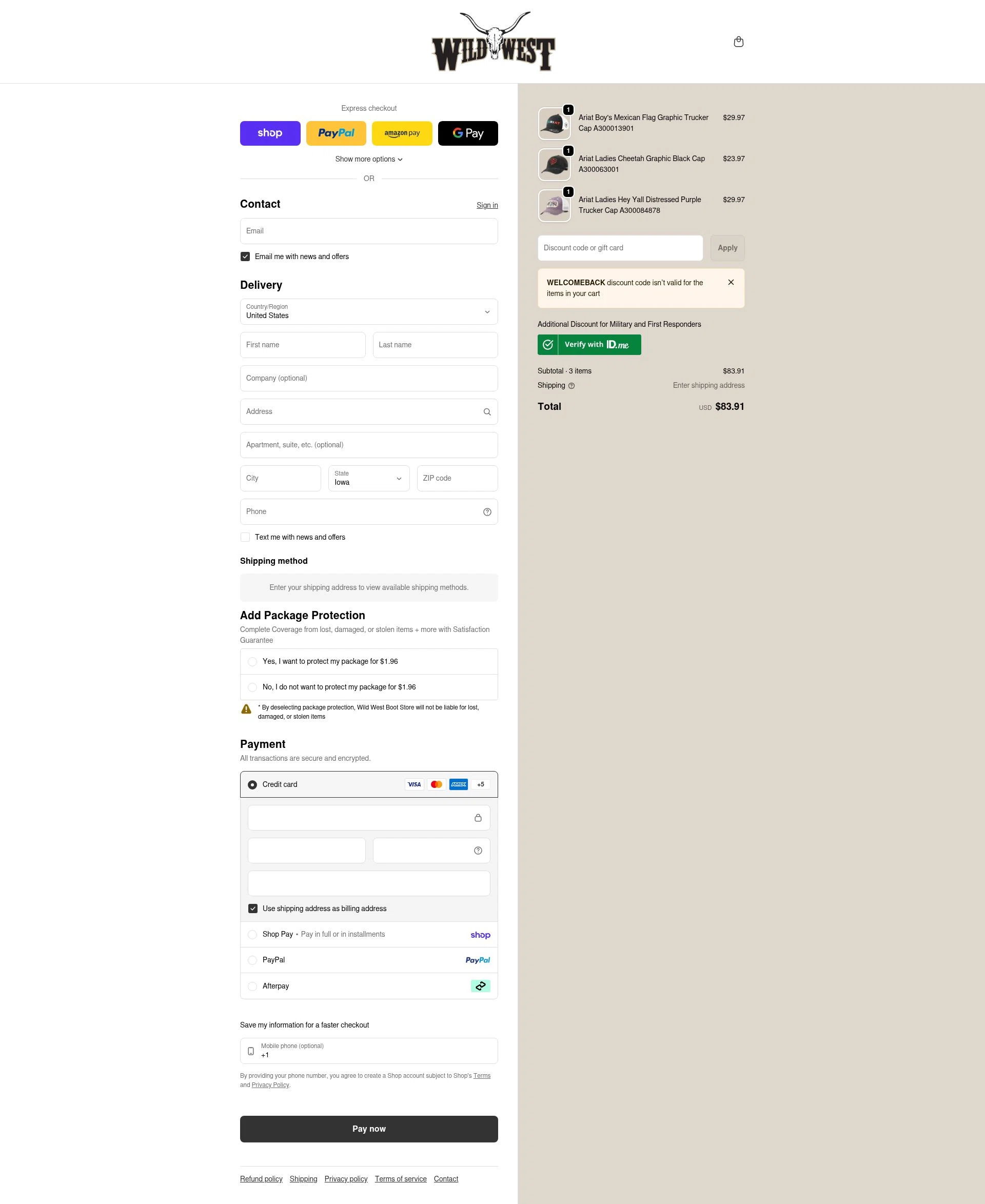 Wild West Boot Store checkout page showing Wild West Boot Store discount code box | Screenshot taken by SimplyCodes community member on Feb 8, 2026