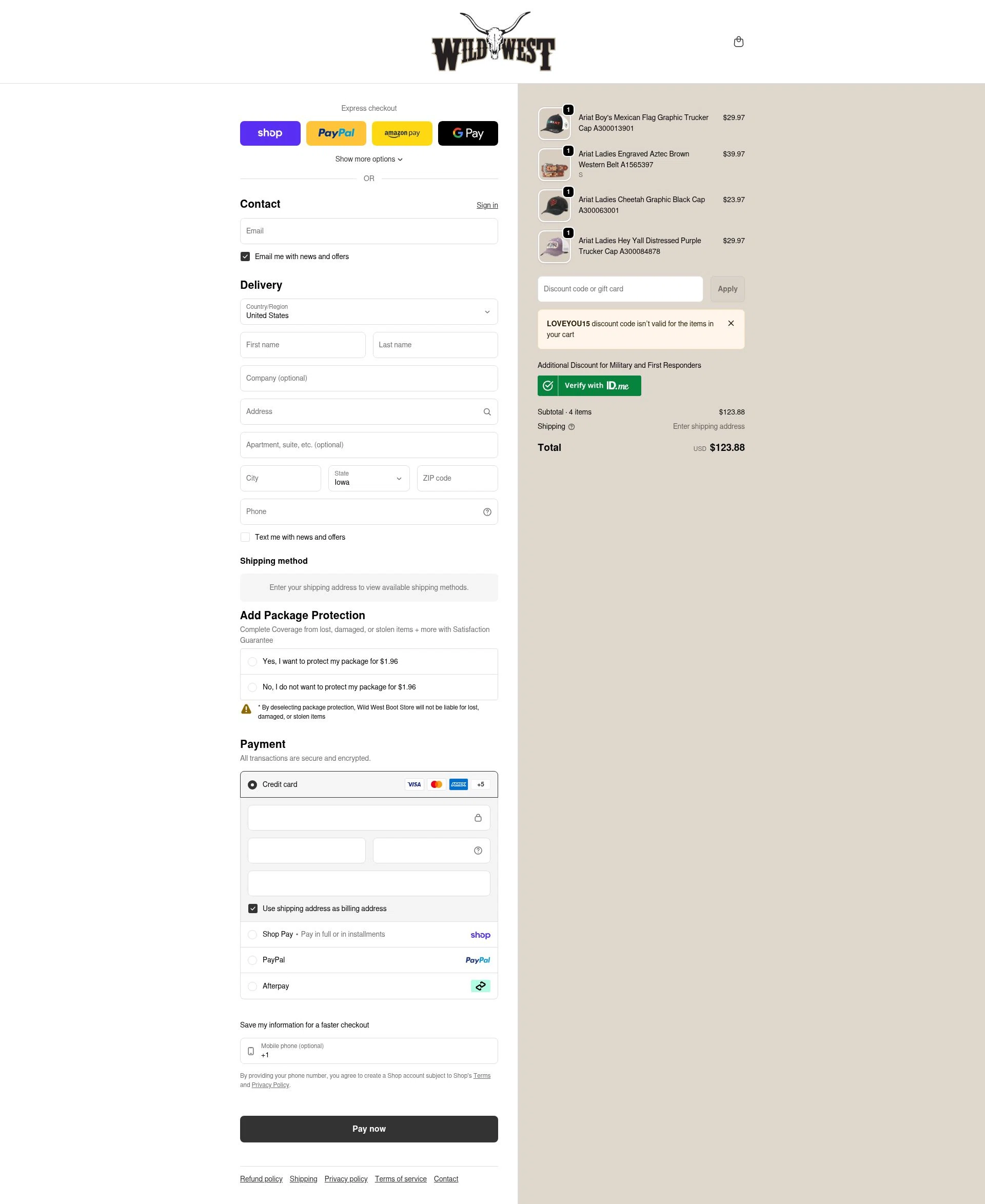 Wild West Boot Store checkout page showing Wild West Boot Store discount code box | Screenshot taken by SimplyCodes community member on Feb 4, 2026