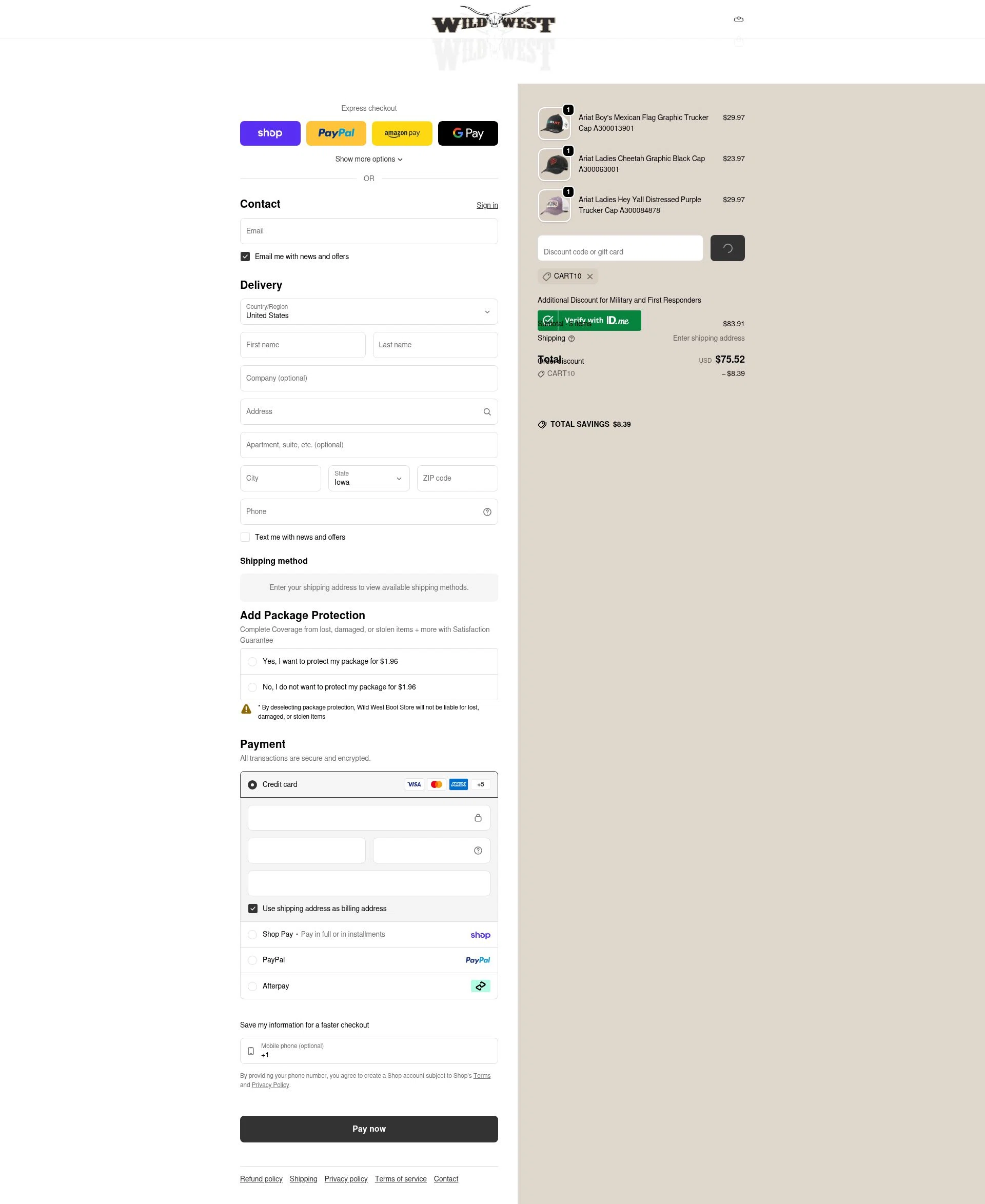 Wild West Boot Store checkout page showing Wild West Boot Store discount code box | Screenshot taken by SimplyCodes community member on Feb 8, 2026