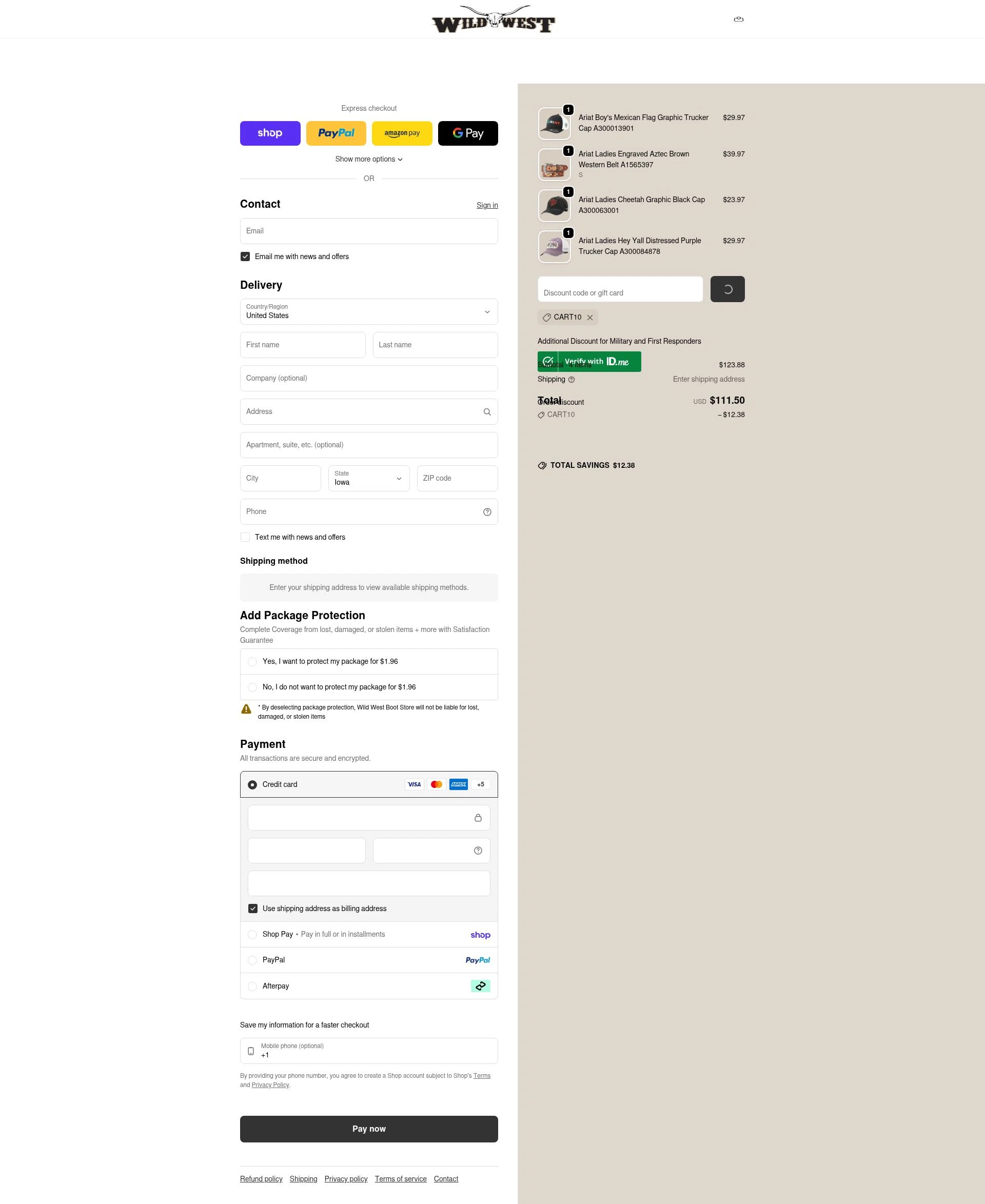 Wild West Boot Store checkout page showing Wild West Boot Store discount code box | Screenshot taken by SimplyCodes community member on Feb 4, 2026