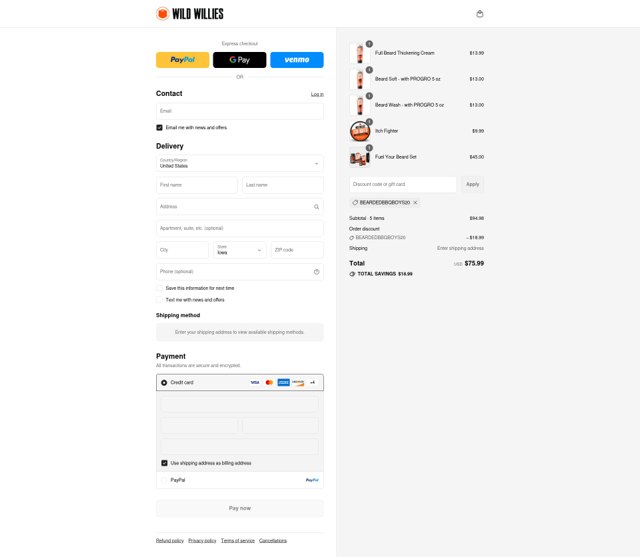Wild Willies checkout page showing Wild Willies promo code box | Screenshot taken by SimplyCodes community member on Sep 2, 2025
