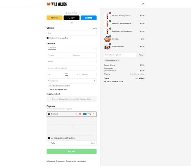 Wild Willies checkout page showing Wild Willies promo code box | Screenshot taken by SimplyCodes community member on Sep 2, 2025