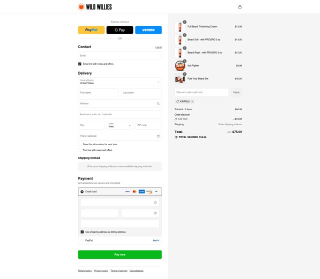 Wild Willies checkout page showing Wild Willies promo code box | Screenshot taken by SimplyCodes community member on Sep 2, 2025