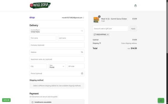 Wild Zora Foods checkout page showing Wild Zora Foods promo code box | Screenshot taken by SimplyCodes community member on Sep 13, 2025