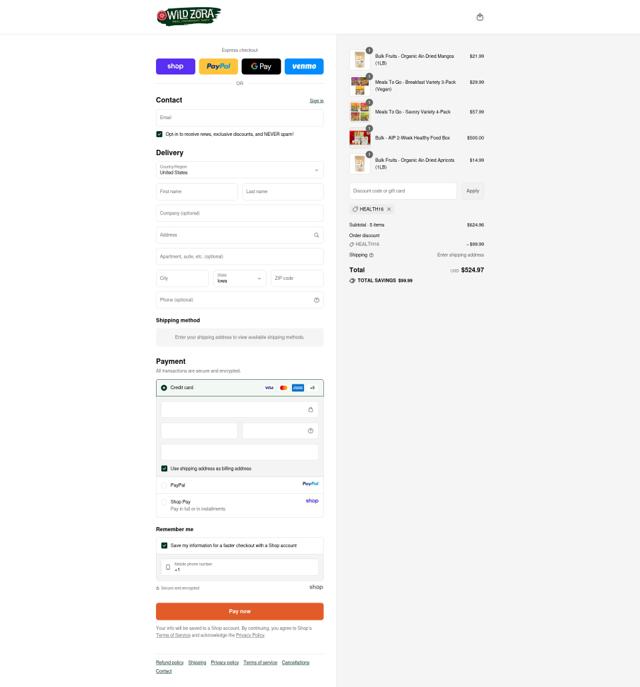 Wild Zora Foods checkout page showing Wild Zora Foods promo code box | Screenshot taken by SimplyCodes community member on Sep 12, 2025