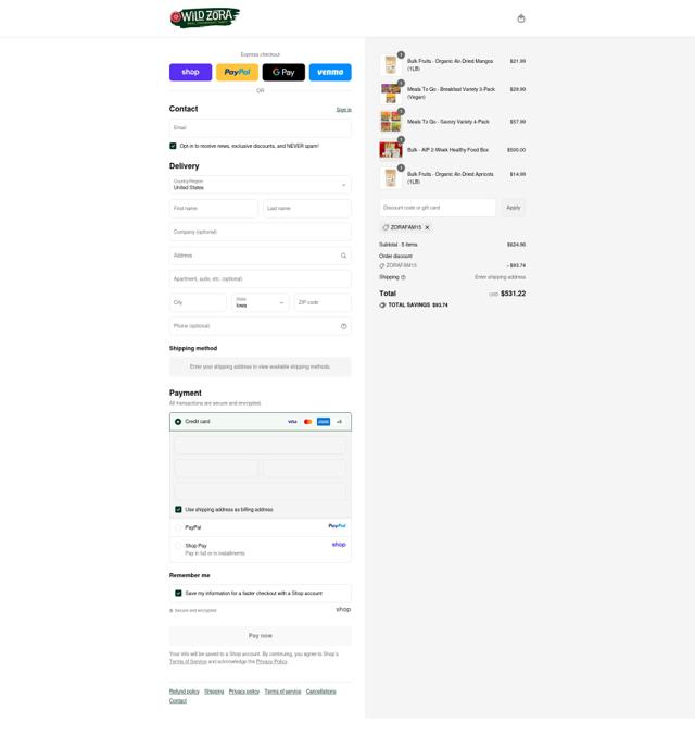 Wild Zora Foods checkout page showing Wild Zora Foods promo code box | Screenshot taken by SimplyCodes community member on Sep 12, 2025