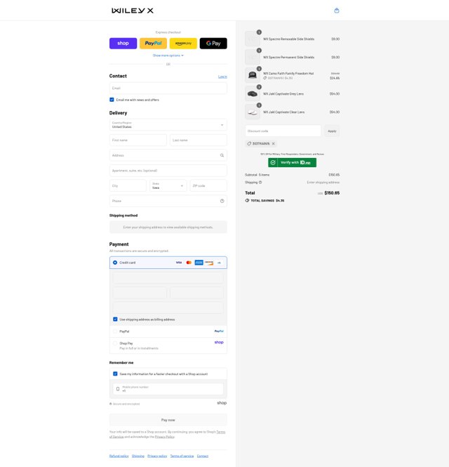 Wiley X checkout page showing Wiley X discount code box | Screenshot taken by SimplyCodes community member on Sep 4, 2025