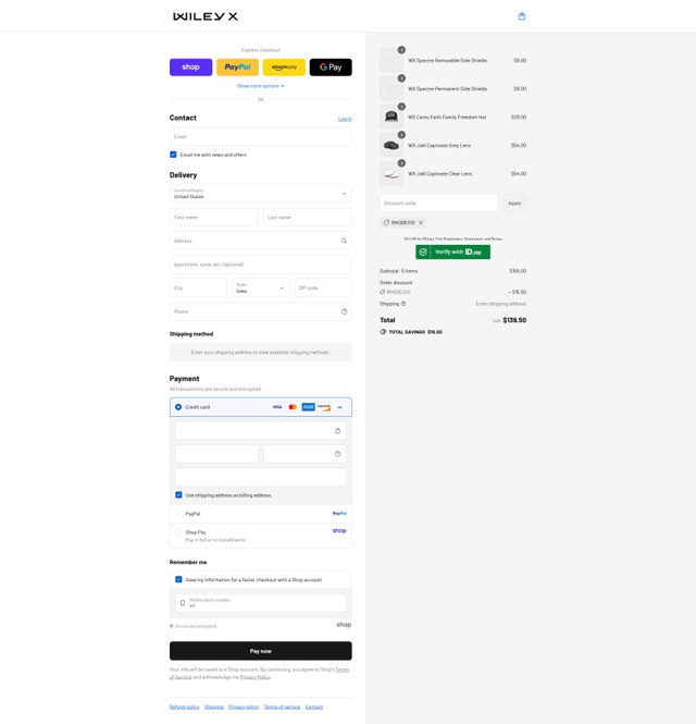 Wiley X checkout page showing Wiley X discount code box | Screenshot taken by SimplyCodes community member on Sep 4, 2025