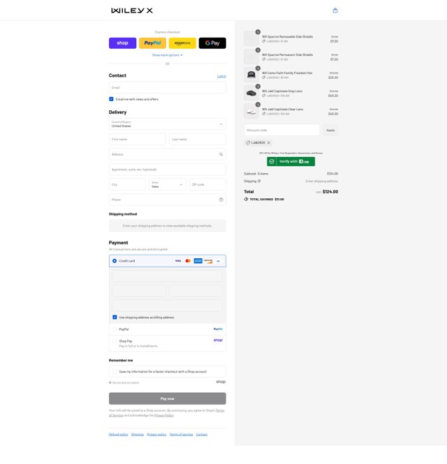 Wiley X checkout page showing Wiley X discount code box | Screenshot taken by SimplyCodes community member on Aug 31, 2025