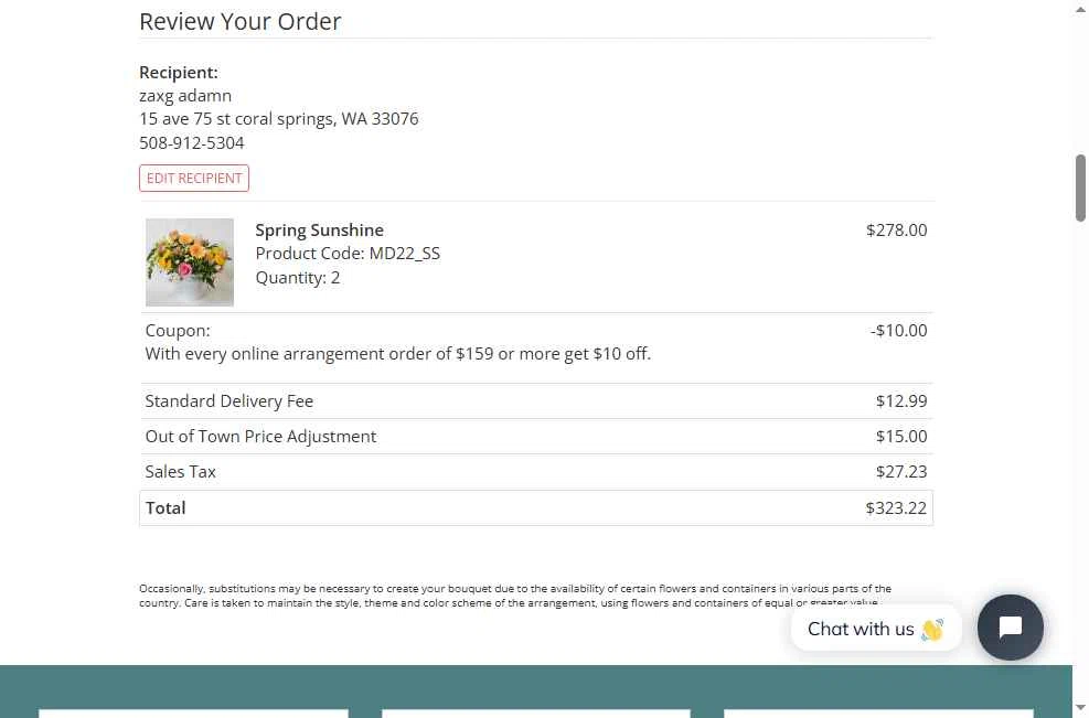 Williams Flower & Gift checkout page showing Williams Flower & Gift promo code box | Screenshot taken by SimplyCodes community member on Aug 20, 2025