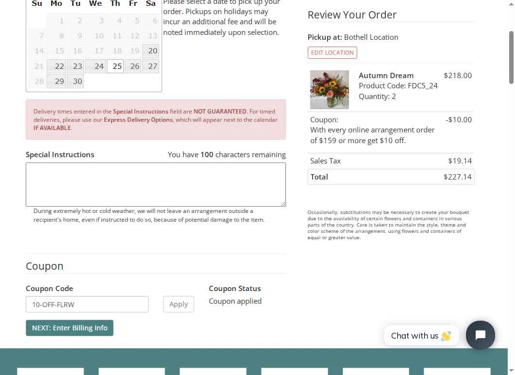 Williams Flower & Gift checkout page showing Williams Flower & Gift promo code box | Screenshot taken by SimplyCodes community member on Sep 18, 2025