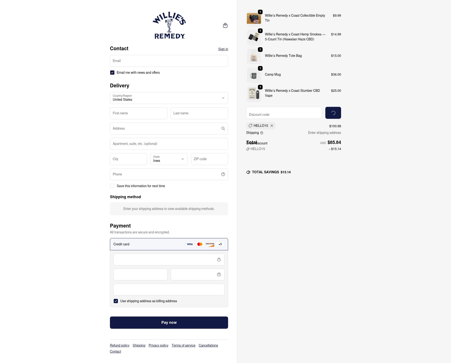 Willie's Remedy checkout page showing Willie's Remedy discount code box | Screenshot taken by SimplyCodes community member on Jan 30, 2026