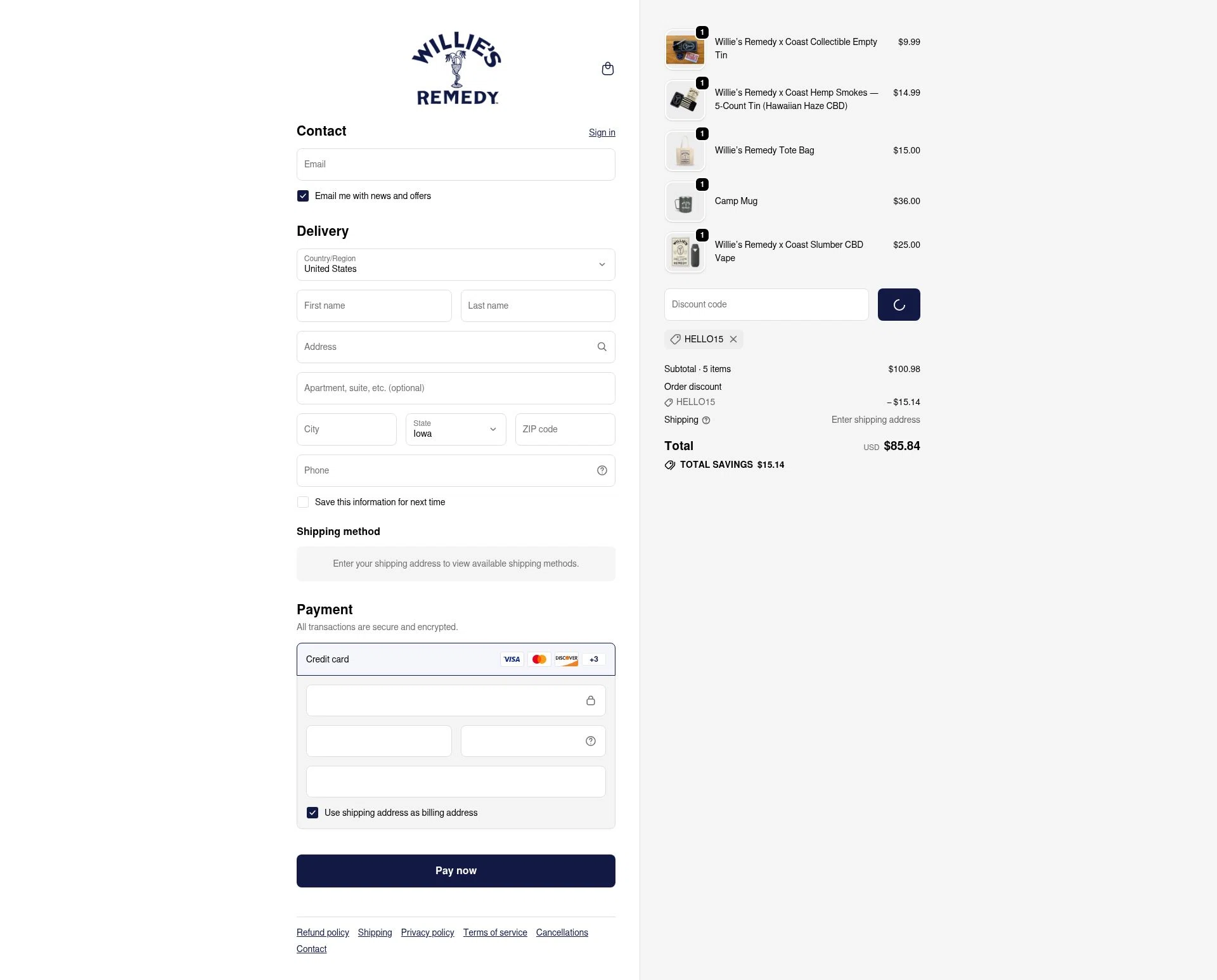 Willie's Remedy checkout page showing Willie's Remedy discount code box | Screenshot taken by SimplyCodes community member on Feb 10, 2026