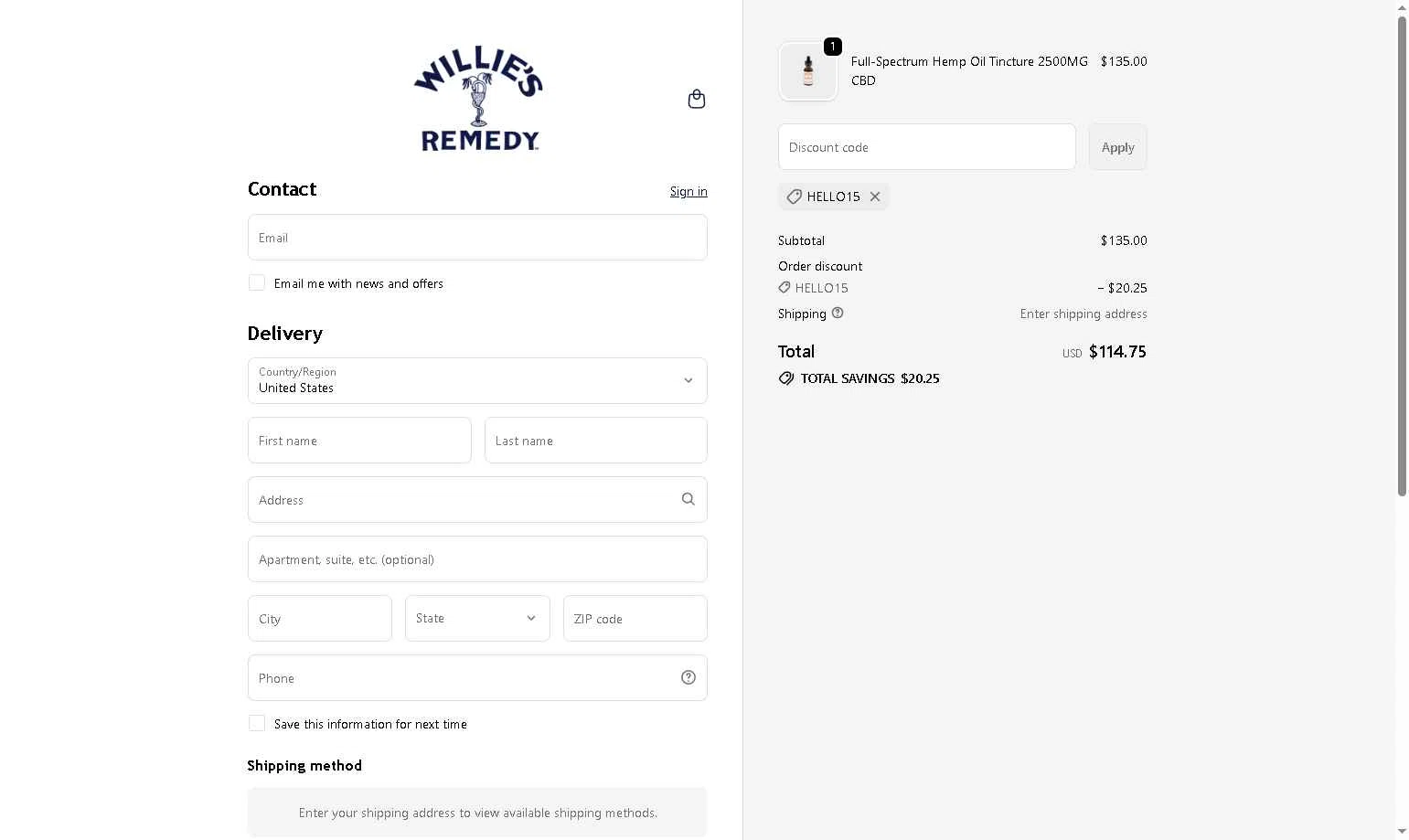 Willie's Remedy checkout page showing Willie's Remedy discount code box | Screenshot taken by SimplyCodes community member on Jan 22, 2026