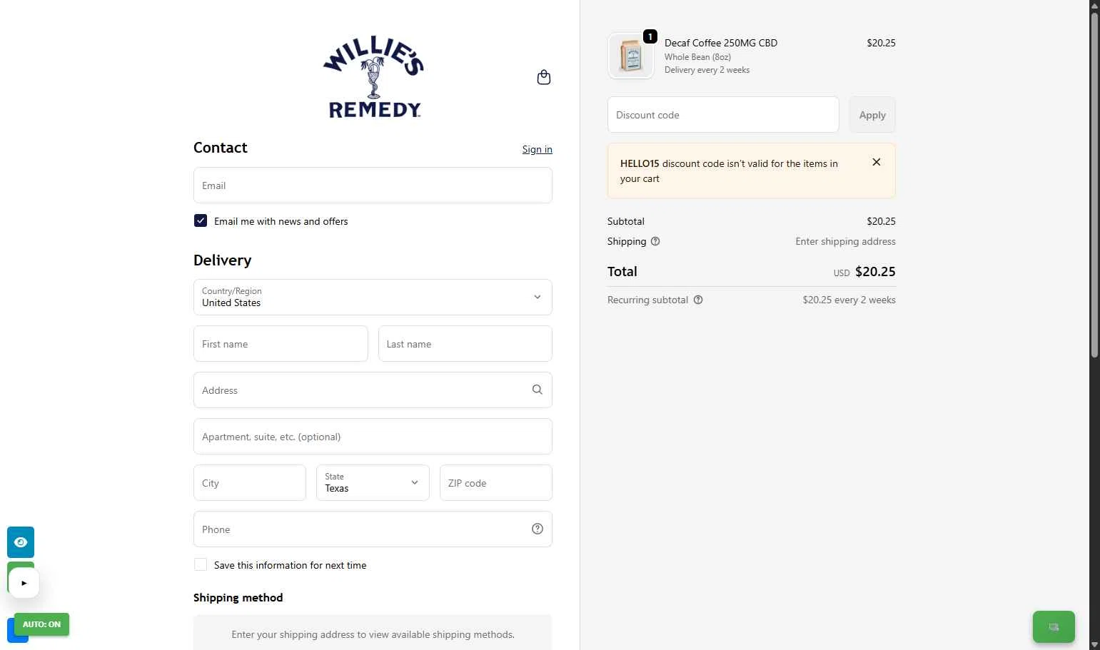 Willie's Remedy checkout page showing Willie's Remedy discount code box | Screenshot taken by SimplyCodes community member on Jan 30, 2026