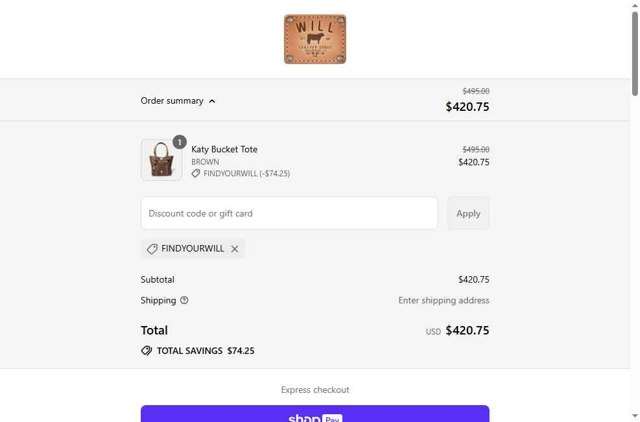 WILL Leather Goods checkout page showing WILL Leather Goods promo code box | Screenshot taken by SimplyCodes community member on Aug 21, 2025