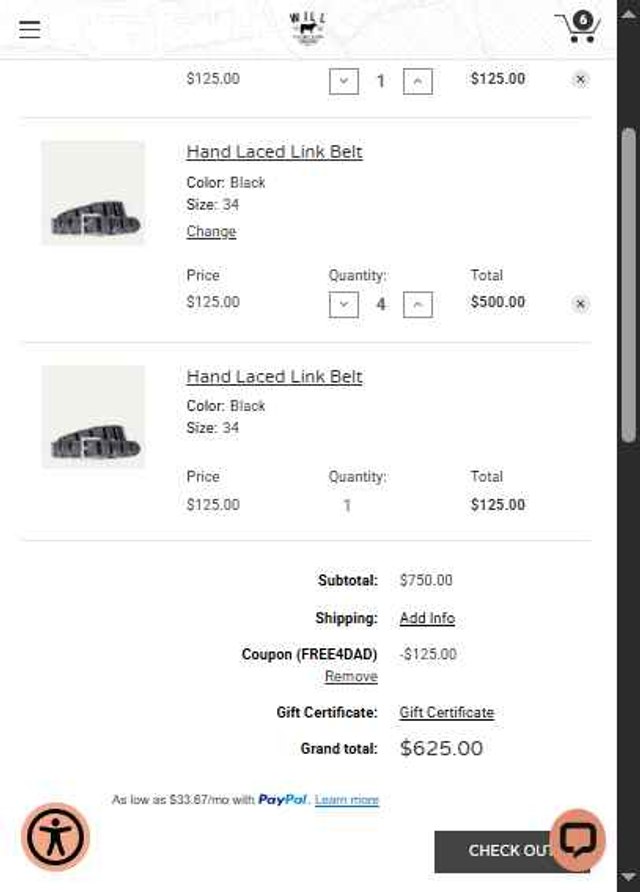 WILL Leather Goods checkout page showing WILL Leather Goods promo code box | Screenshot taken by SimplyCodes community member on Jun 6, 2025