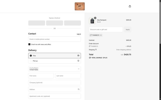 WILL Leather Goods checkout page showing WILL Leather Goods promo code box | Screenshot taken by SimplyCodes community member on Aug 25, 2025