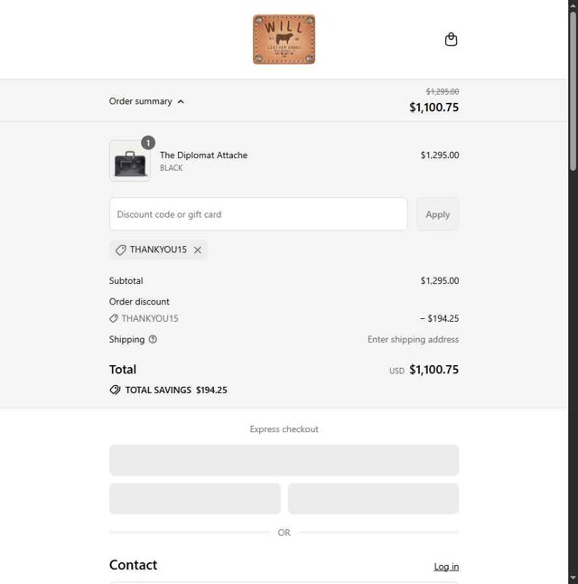 WILL Leather Goods checkout page showing WILL Leather Goods promo code box | Screenshot taken by SimplyCodes community member on Jul 28, 2025