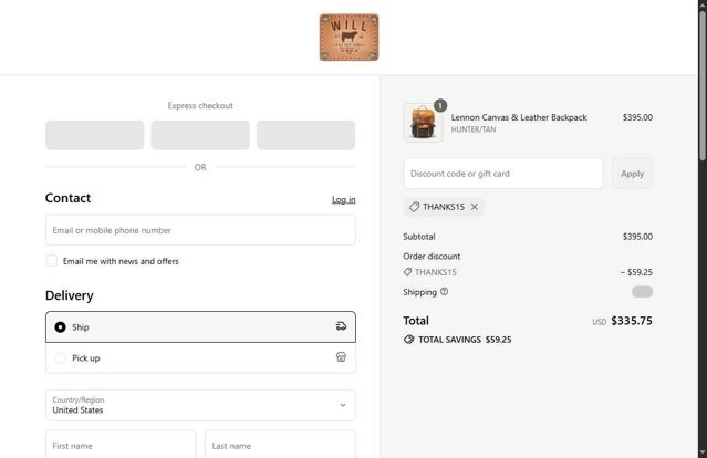 WILL Leather Goods checkout page showing WILL Leather Goods promo code box | Screenshot taken by SimplyCodes community member on Aug 12, 2025