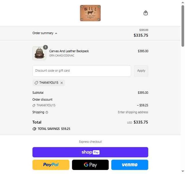 WILL Leather Goods checkout page showing WILL Leather Goods promo code box | Screenshot taken by SimplyCodes community member on Aug 12, 2025