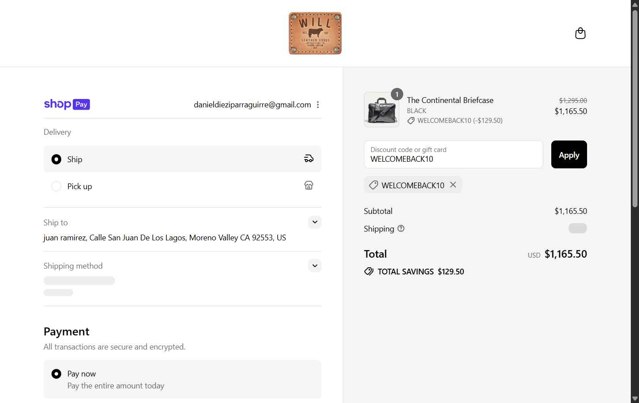 WILL Leather Goods checkout page showing WILL Leather Goods promo code box | Screenshot taken by SimplyCodes community member on Aug 23, 2025