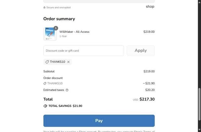 WillMaker checkout page showing WillMaker discount code box | Screenshot taken by SimplyCodes community member on Sep 5, 2025