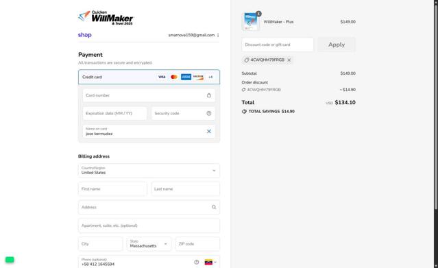 WillMaker checkout page showing WillMaker discount code box | Screenshot taken by SimplyCodes community member on Sep 5, 2025