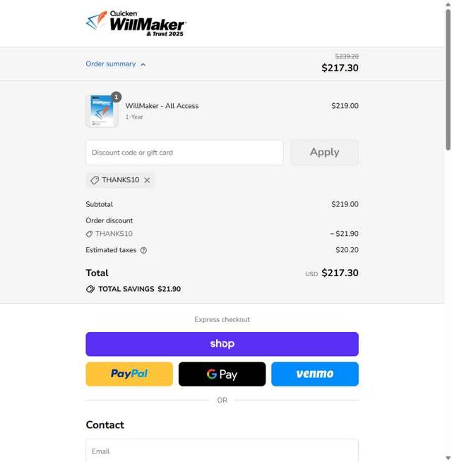 WillMaker checkout page showing WillMaker discount code box | Screenshot taken by SimplyCodes community member on Sep 5, 2025