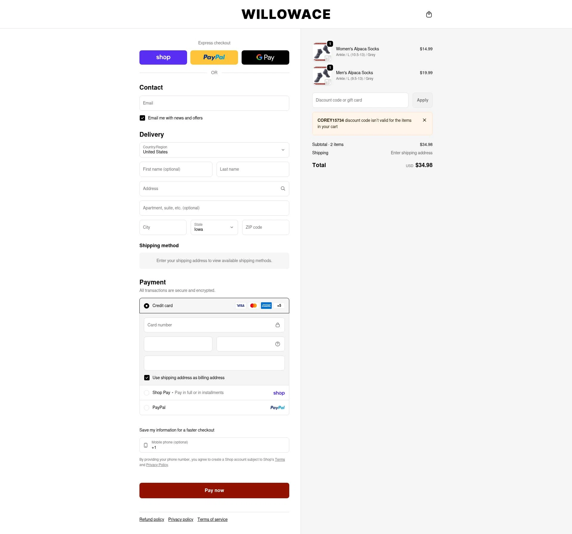 WillowAce checkout page showing WillowAce promo code box | Screenshot taken by SimplyCodes community member on Feb 13, 2026