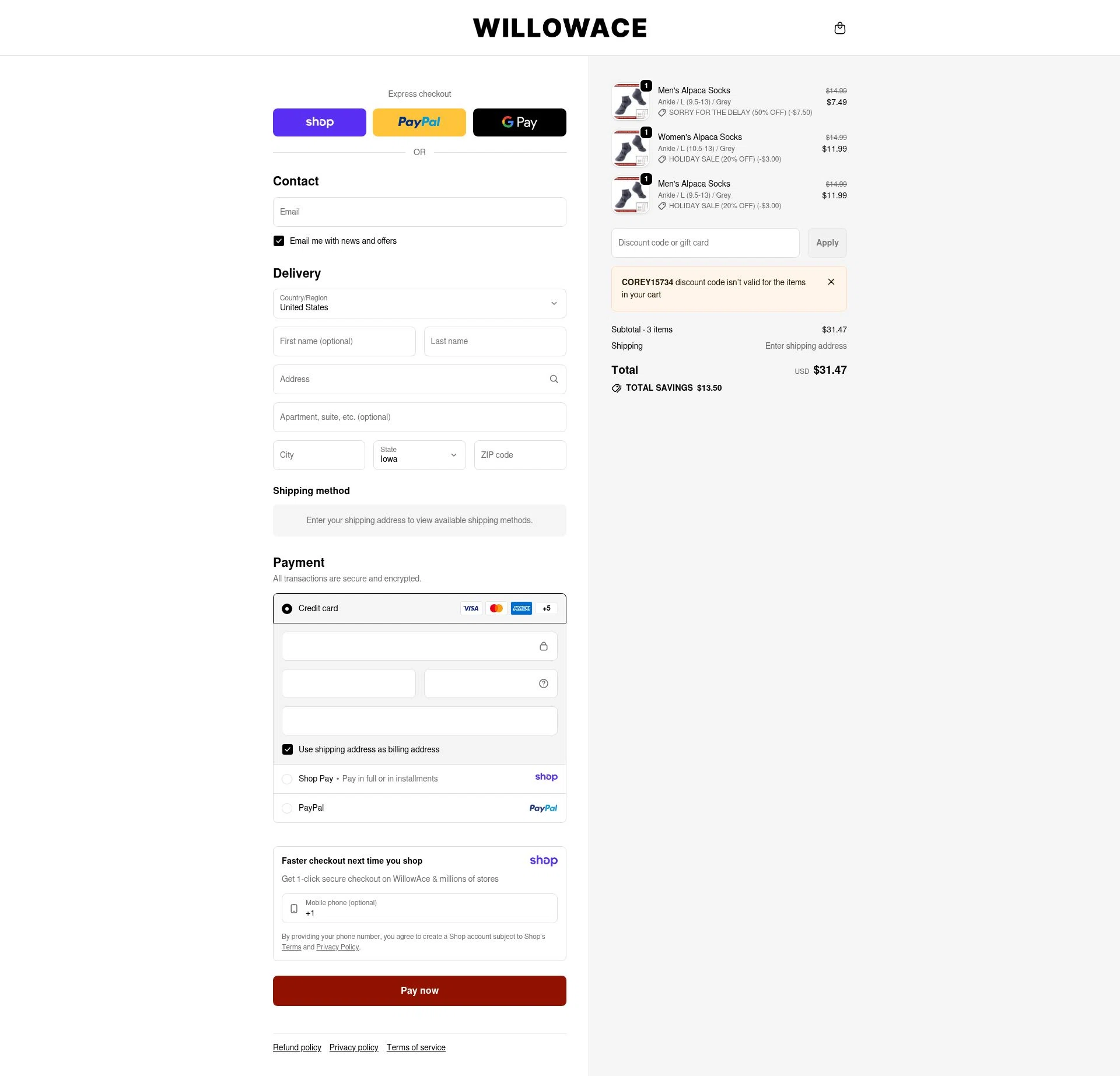 WillowAce checkout page showing WillowAce promo code box | Screenshot taken by SimplyCodes community member on Jan 17, 2026
