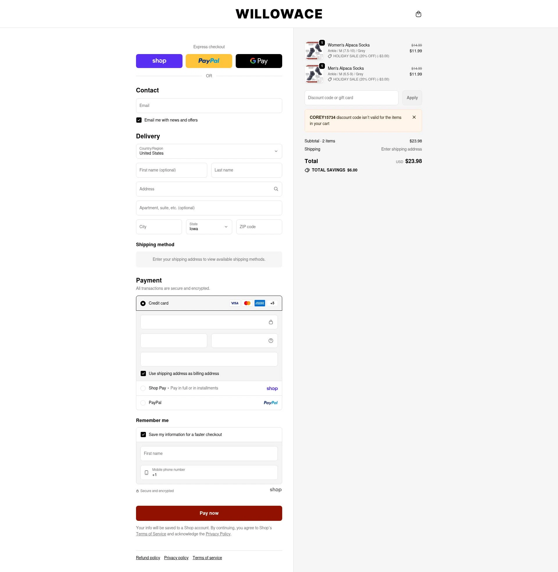 WillowAce checkout page showing WillowAce promo code box | Screenshot taken by SimplyCodes community member on Jan 22, 2026
