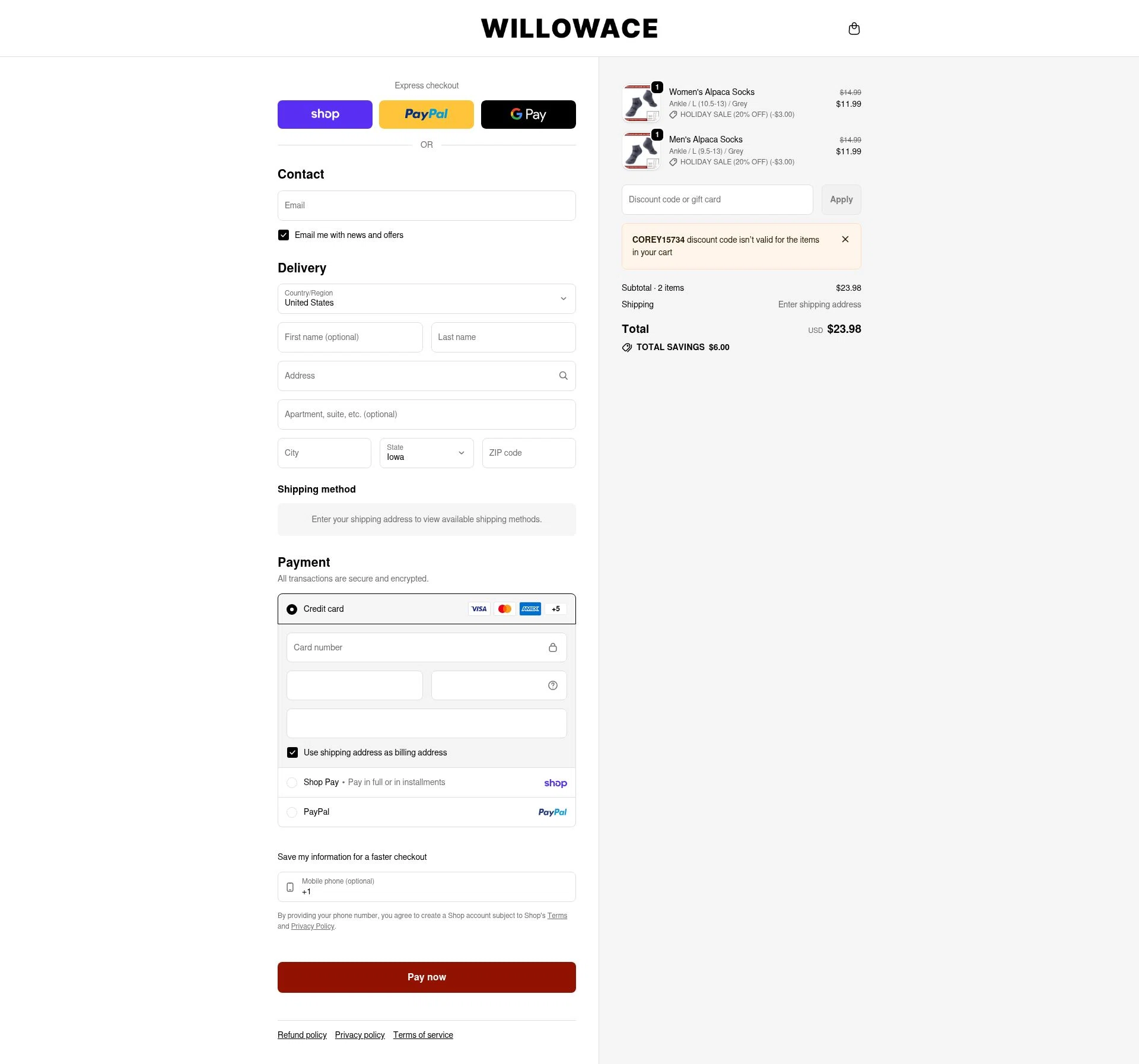 WillowAce checkout page showing WillowAce promo code box | Screenshot taken by SimplyCodes community member on Feb 9, 2026