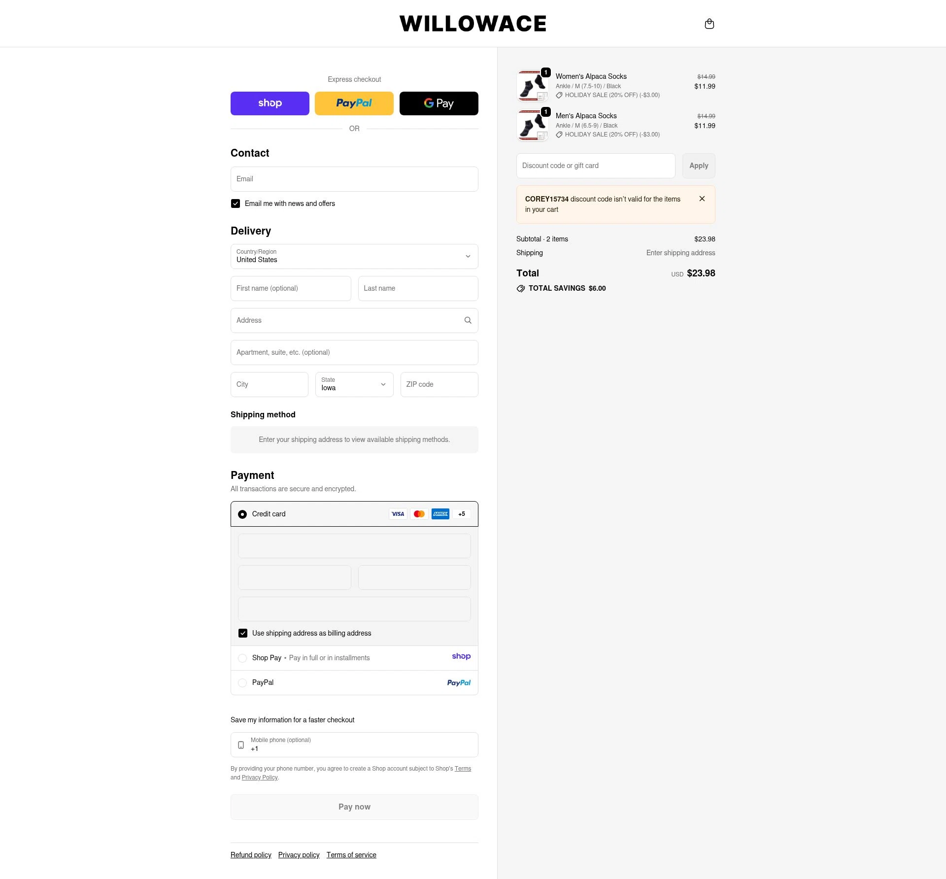 WillowAce checkout page showing WillowAce promo code box | Screenshot taken by SimplyCodes community member on Jan 12, 2026