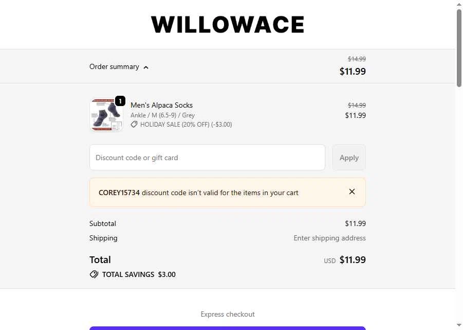 WillowAce checkout page showing WillowAce promo code box | Screenshot taken by SimplyCodes community member on Jan 25, 2026