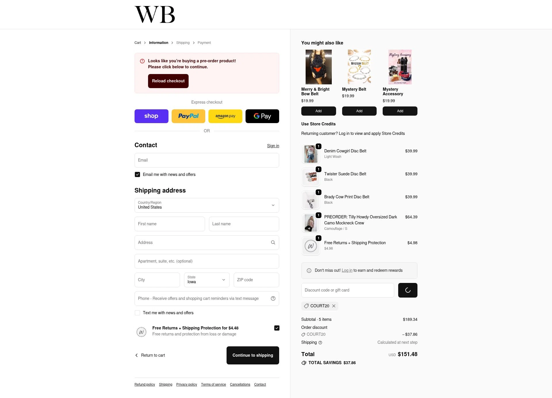 Willow Boutique checkout page showing Willow Boutique coupon code box | Screenshot taken by SimplyCodes community member on Feb 20, 2026