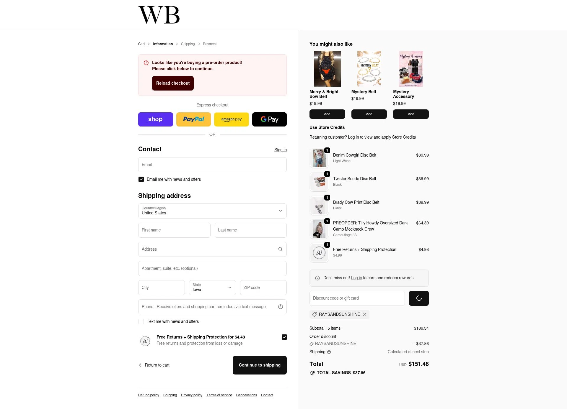 Willow Boutique checkout page showing Willow Boutique coupon code box | Screenshot taken by SimplyCodes community member on Feb 20, 2026